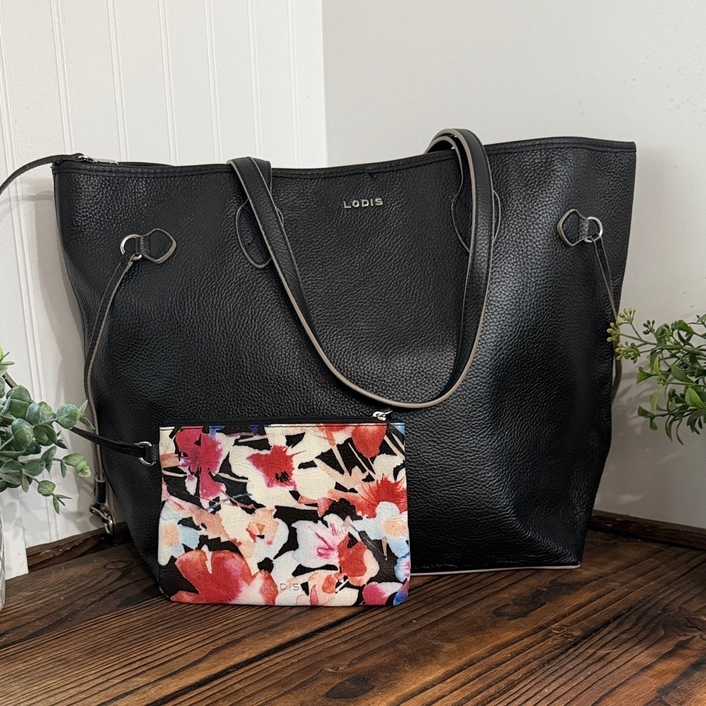 Lodis Black Tote with Floral Pouch